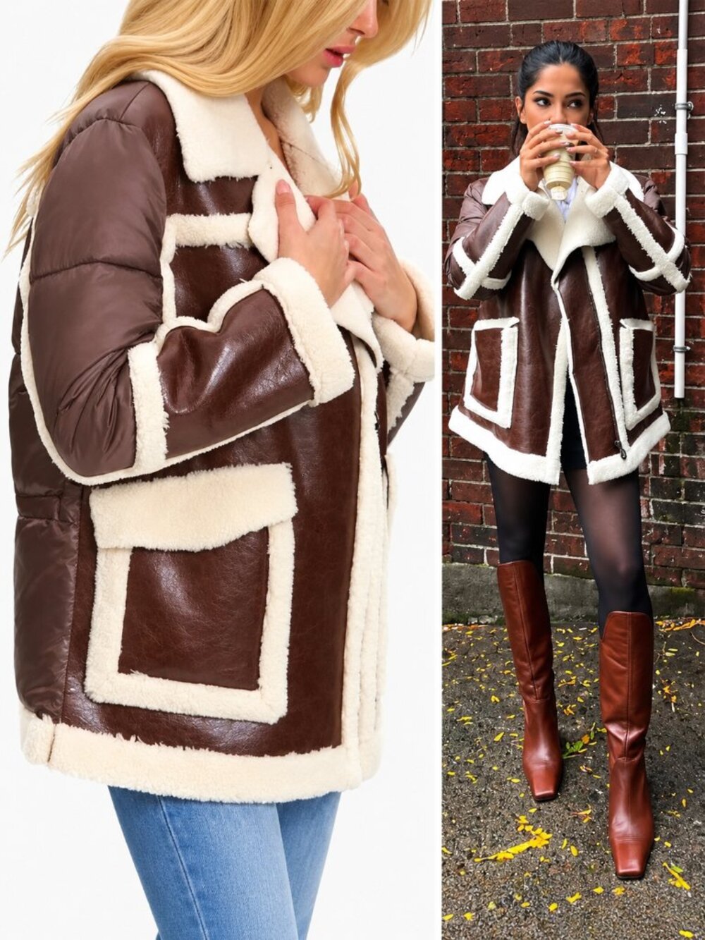 💥RETRO CHIC💥Fur Lined Leather Borg Jacket in Brown & Ivory